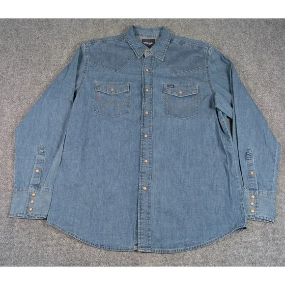 Wrangler Pearl Snap Denim Shirt Mens Large Western Cowboy Long Sleeve - Picture 2 of 9